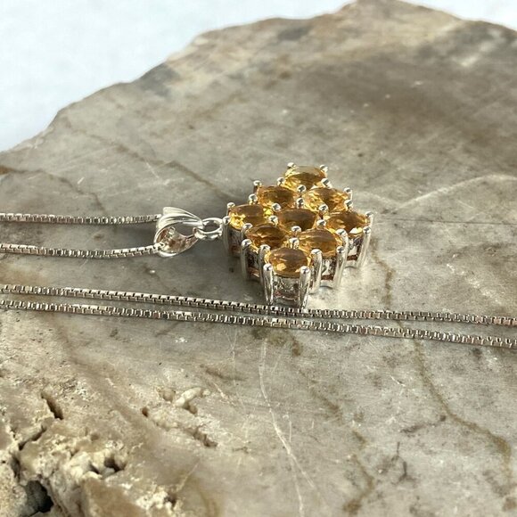 Sterling Silver 925 Prong Set Multi Gemstone Citrine Cluster Pendant Necklace - Picture 3 of 16